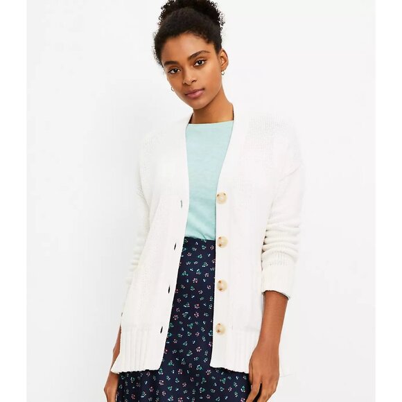 Loft Womens XS White Relaxed V Neck Cardigan Oversized Boxy Sweater Basic Staple - Picture 10 of 10